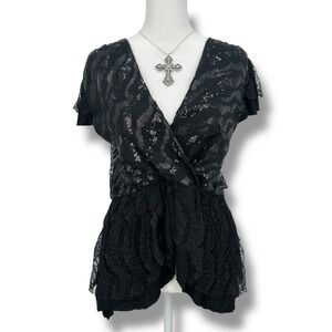 Women's Black Lace Sequin Sheer Wrap V Neck Whimsygoth Witchy Y2K  Fairy Top M